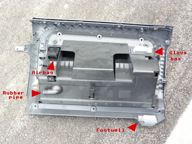 Glove box removed showing 4 connectors - 3 electrical, 1 air pipe